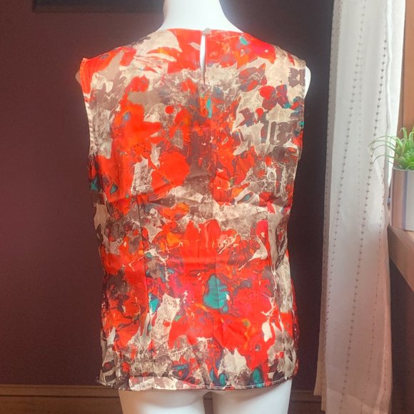 KASPER  Red Taupe Blue Abstract Floral Sleeveless Ruched Neckline Blouse L - Picture 3 of 5